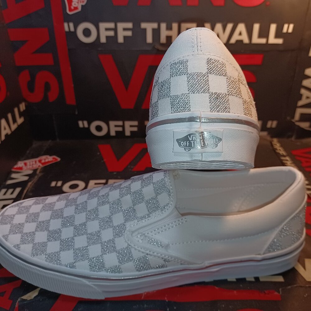 Vans Men's 11.5 Checkered Slip-On Metallic True White VN000CT5W00 Checkerboard